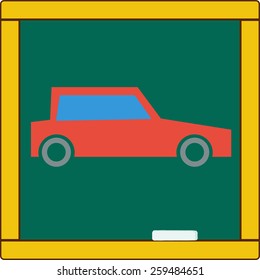 Red car icon in flat style, on school chalkboard background. For transport business, education, infographics and internet web site design