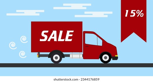 A red car with the inscription sale. Flat drawing of the delivery van. Banner concept, flyers for discounts, sales.