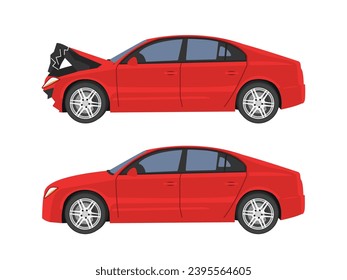 Red car involved in a traffic accident, before and after. A vehicle that crashed from the front.