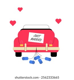 Red Car With Just Married Sign In Flat Vector Illustration Symbolizing Weddings, Happiness, And Love, Isolated On White Background