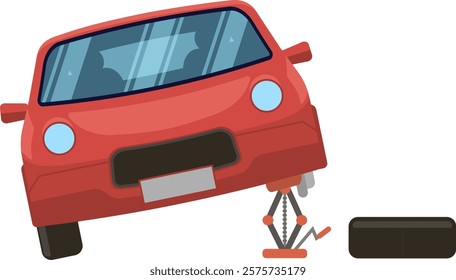 Red car lifted by a scissor jack, with a spare tire positioned nearby, highlighting the importance of vehicle maintenance and roadside assistance for drivers