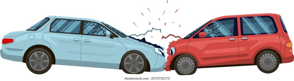 Red car and a light blue car are involved in a serious collision, resulting in broken windshields and significant damage to both vehicles, indicating a dangerous accident on the road