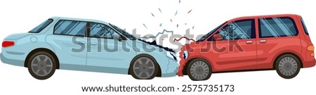Red car and a light blue car are involved in a serious collision, resulting in broken windshields and significant damage to both vehicles, indicating a dangerous accident on the road