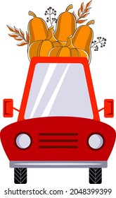 Red Car loaded with pumpkins. Vector illustration for Thanksgiving Day, Autumn Holidays and Harvest Day