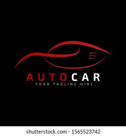 Red Car Logo Template with Black Background. Auto car business logo design with silhouette for Automotive Company logo, car wash, garage, service, painting. Vector Eps 10.