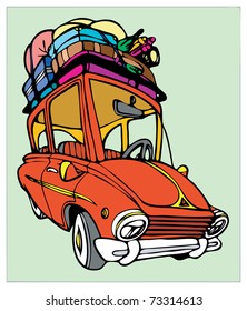 Red car with luggage for holidays.
