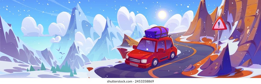 Red car with luggage on roof drives along danger winding road in mountains in winter. Cartoon vector illustration of rocky hills landscape with serpentine highway, caution sign and vehicle under snow.