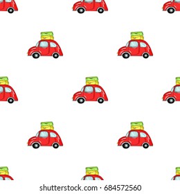 Red car with a luggage on the roof icon in cartoon style isolated on white background. Family holiday symbol stock vector illustration.