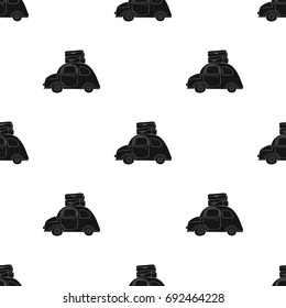 Red car with a luggage on the roof icon in black style isolated on white background. Family holiday symbol stock vector illustration.