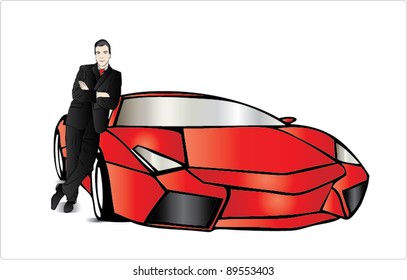 Red car and man in black suit