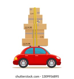 Red car with many boxes on roof. Side view. Business vector illustration, flat, cartoon style, isolated on white background.