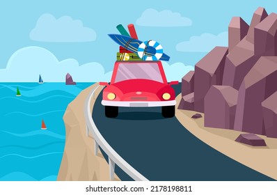 Red car with many luggages on top drive out of city to summer sea beach, move along ocean through rocky mountain cliff, road trip travel, happy time adventures on holiday weekend, vector illustration