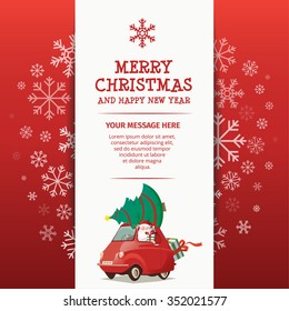 Red Car Merry Christmas Snow Flakes background Card Design Template