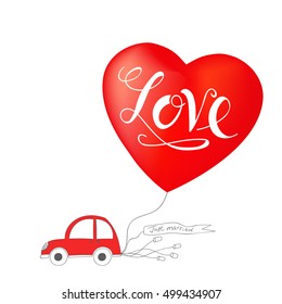 Red car with message just married and red heart balloon with message love.