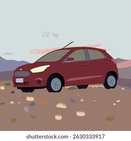 rotes Auto in Berglandschaft