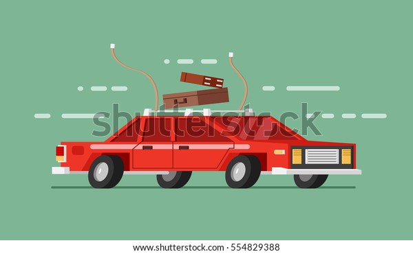 Red car in move with luggage\
and baggage. Traveling by car. 3d flat isolated vector\
illustration