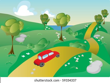 Red car is moving through the beautiful landscape.