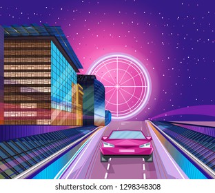 Red car night banner Vector. City road traffic jam. Flat styles