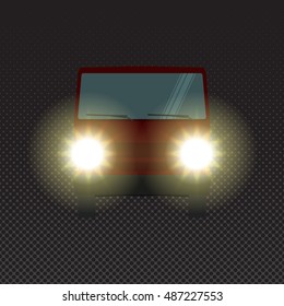 Red car at night with headlights, front view. Vector vehicle driving on evening road with lights. Car headlights at night. Possible danger on dark road.