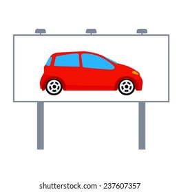 Red car on a billboard. Vector illustration for your design.