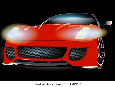 Red car on a black background with headlights and a mesh radiator