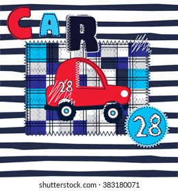 red car on checkered and striped background, T-shirt design for boys vector illustration