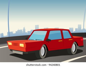 Red Car On City Highway/ Illustration of a red domestic car on the urban highway