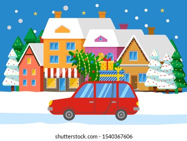 Red car on city street with fir tree and presents on roof. People preparing for christmas celebration. Cityscape with many buildings with snowy trees. Vector illustration of cottages and vehicle