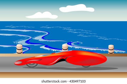 red car on the coast