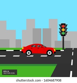 A red car on a fork in an urban road. Traffic light with flat vector illustration