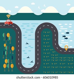 Red car on the long road among natural landscape with wifi internet and map direction, travel concept.