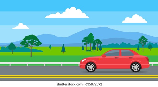 red car on the road landscape background