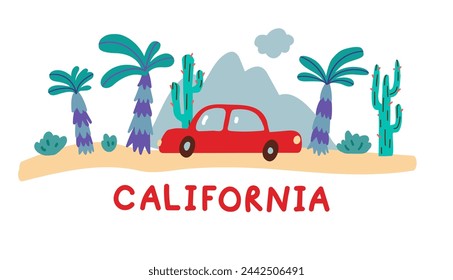 Red car on the road. South coast. Vector illustration
