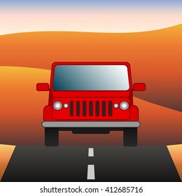 Red car on the road SUV rides through the desert. Sport utility vehicle on the background of desert landscape. Vector Image.