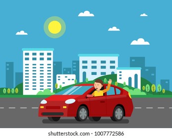 Red car on the road in urban landscape. Vector illustration in flat style. Car on road, urban background landscape, street and cityscape