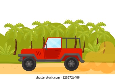 Red car on sandy road in wild green jungles. Tropical landscape. Summer scenery. Journey theme. Flat vector design