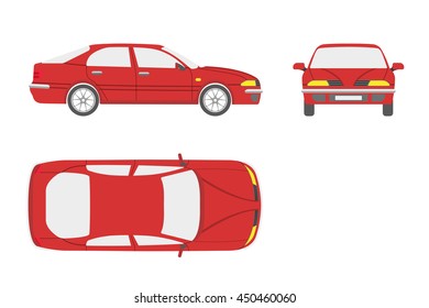 Red car on a white background . Three views : front, side , top. Vector illustration