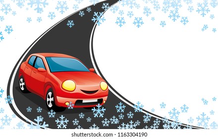 Red car on a winter road on a white background.