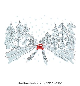 Red car on winter road, sketch for your design