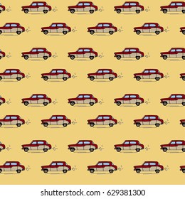 red car on yellow background, hand drawn seamless pattern with cars