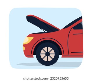 Red car with open hood concept. Modernization and repair of vehicle and car. . Poster or banner for auto service website. Cartoon flat vector illustration isolated on white background