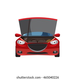 Red car with an open hood icon in cartoon style on a white background