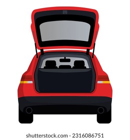 Red car with open trunk back view, transportation concept