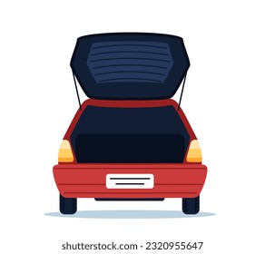 Coche rojo con concepto de maletero abierto. Transporte de cosas. Importación y exportación. Auto y vehículo, transporte. Afiche o pancarta. Dibujo vectorial plano de dibujos animados aislado en fondo blanco