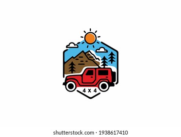 Red car in outdoor line art drawing illustration design