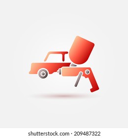 Red car paint icon - a car and paint sprayer (airbrush) vector symbol 