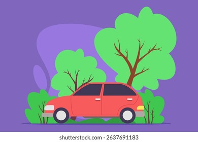 Red car parked among vibrant green trees and bushes against playful purple background
