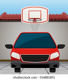 Red car parked by the wall illustration