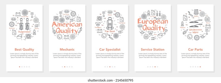 Red car parts white banners set for website and mobile app vector