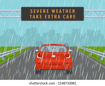 Red car passing through warning led display at highway. Rainy weather driving conditions. Back view. Flat vector illustration template.